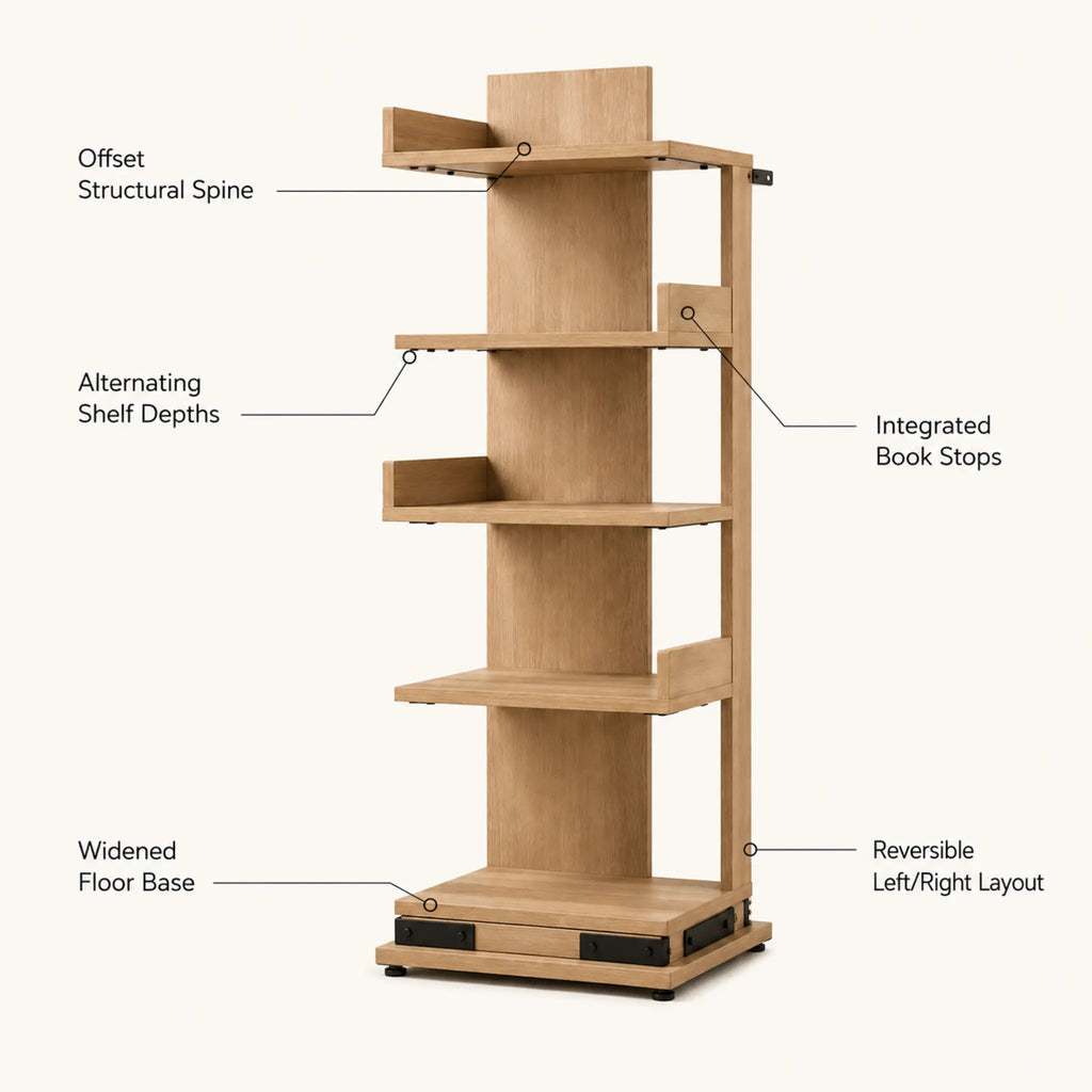 Offset Spine Narrow Multipurpose Bookshelf